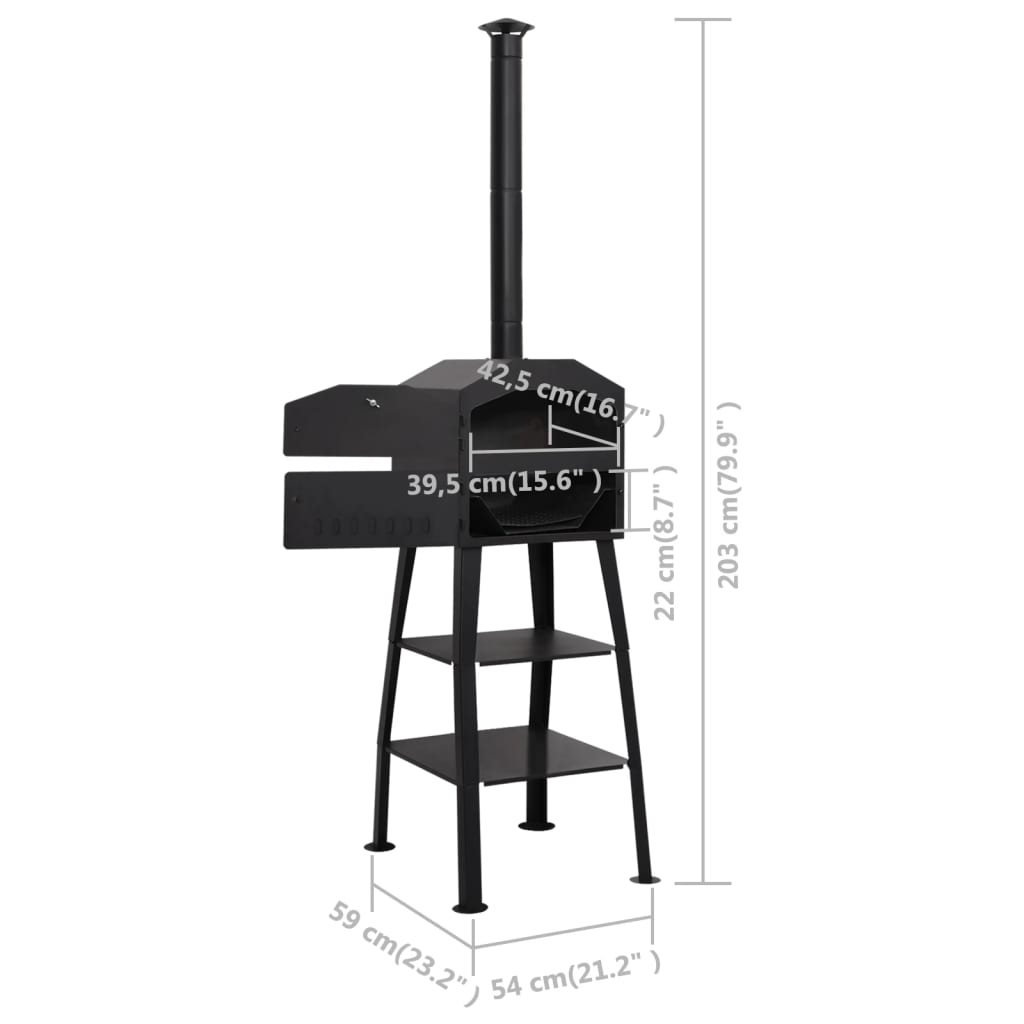 Black outdoor charcoal pizza oven with stand, two fireclay stones, and dimension labels.