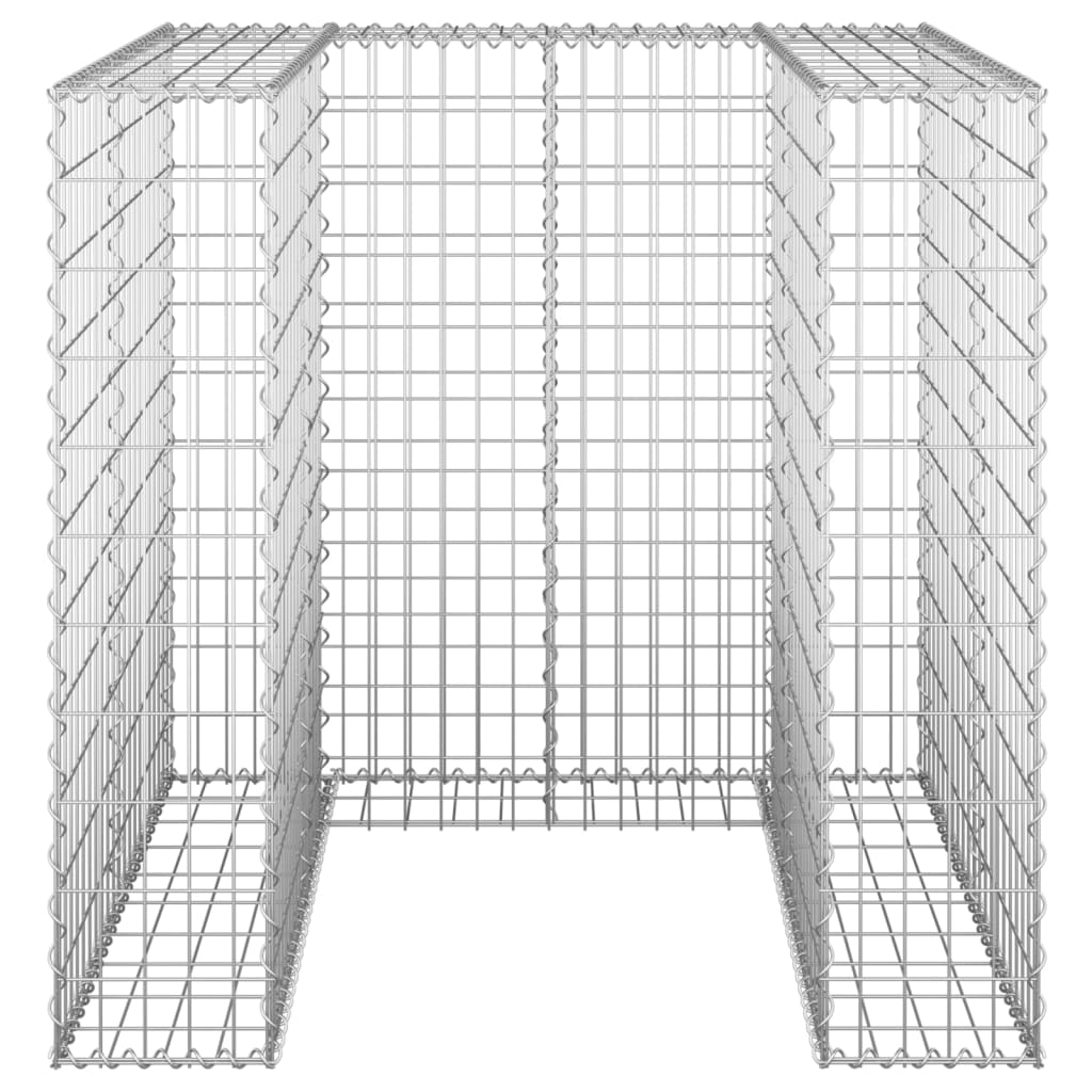 Galvanized steel gabion basket with welded mesh for outdoor garbage bin enclosure.