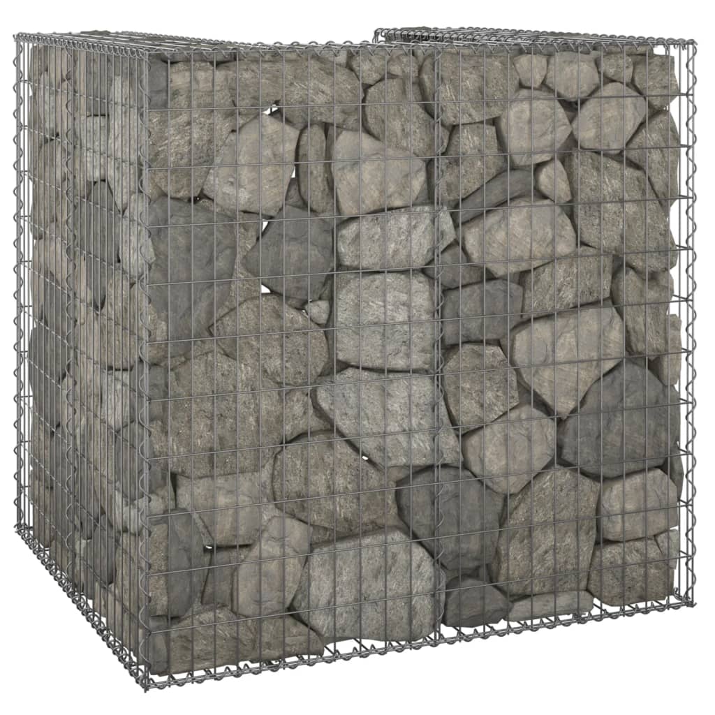 Galvanized steel gabion basket, 43.3x39.4x43.3 inches, filled with rocks for hiding a garbage bin.