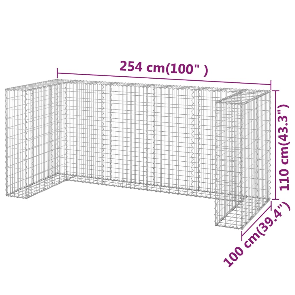 Galvanized steel gabion wall measuring 100x39.4x43.3 inches for hiding garbage bins.