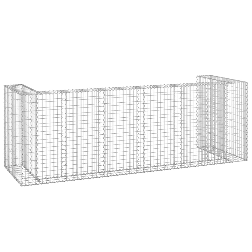 A rectangular galvanized steel gabion wall with open ends.