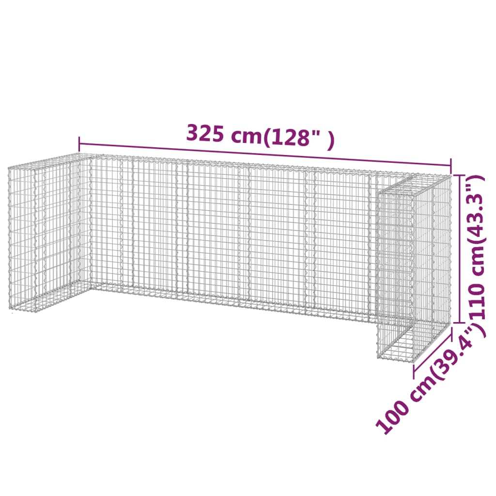 Galvanized steel gabion wall for hiding garbage bins, measuring 128x39.4x43.3 inches.