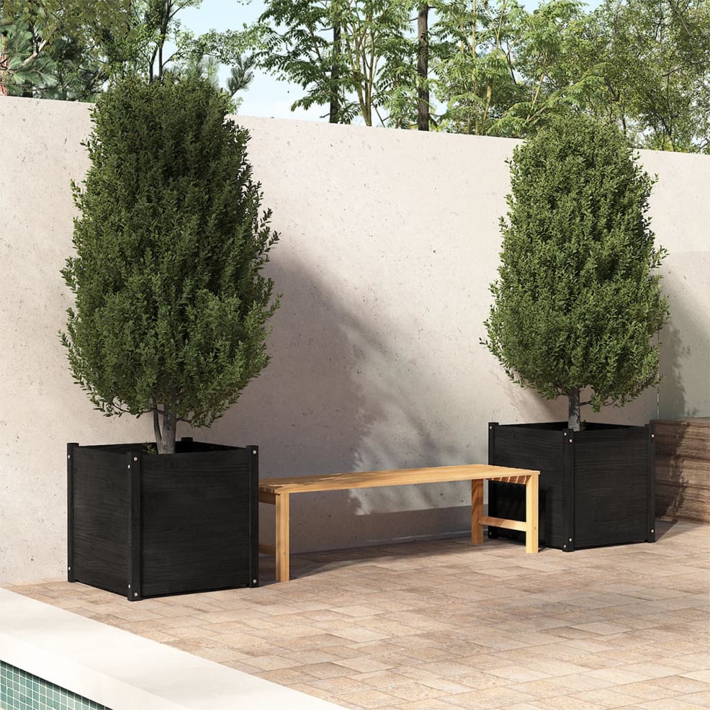 Garden Planters 2 pcs Black 23.6x23.6x23.6 Solid Wood Pine
