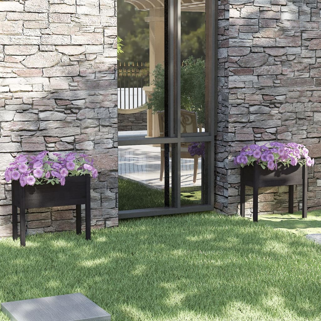 Garden Planter Set of 2 Black Solid pinewood