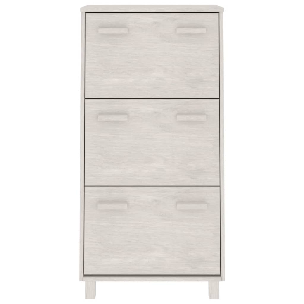 White solid pine wood shoe cabinet with three flip-drawers and wooden handles.