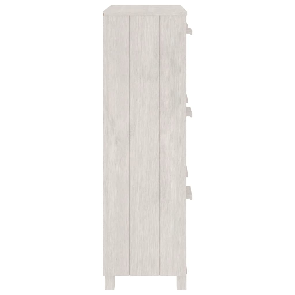 White solid pine wood shoe cabinet with three flip-drawers and warm wooden handles.