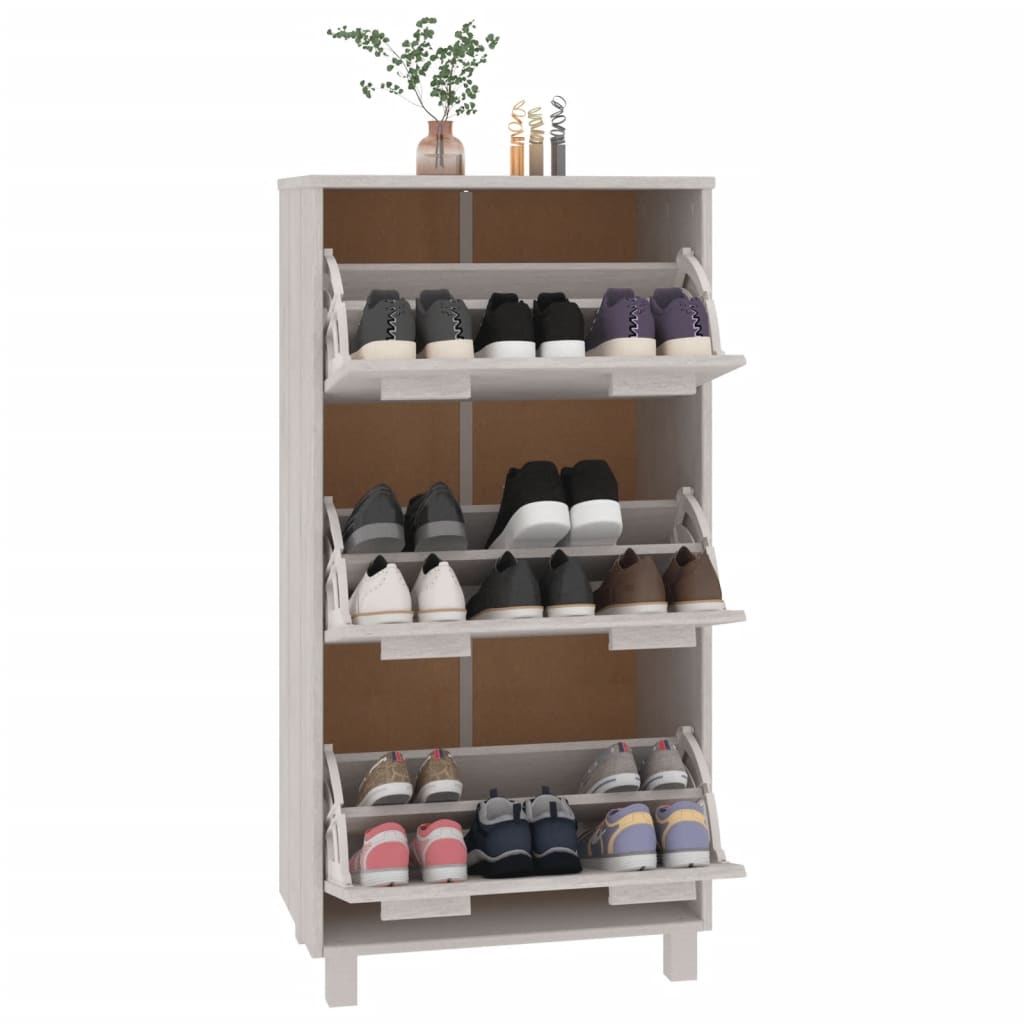 White solid pine wood shoe cabinet with three flip-drawers and warm wooden handles.