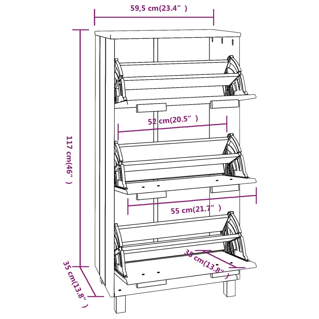 White solid pine wood shoe cabinet with three flip-drawers and wooden handles.