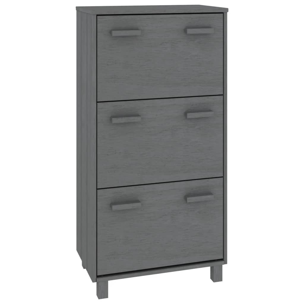 Dark gray solid pine shoe cabinet with three flip drawers and wooden handles, 23.4x13.8x46.1 inches.