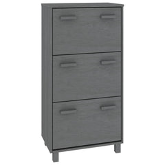 Dark gray solid pine shoe cabinet with three flip drawers and wooden handles, 23.4x13.8x46.1 inches.