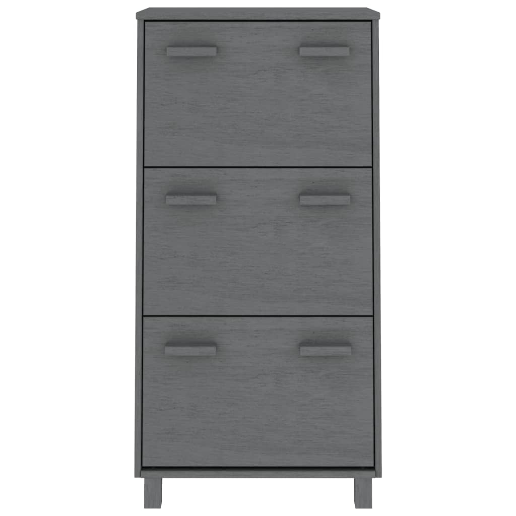 Tall dark gray solid pine shoe cabinet with three drawers and wooden handles, 23.4x13.8x46.1 inches.
