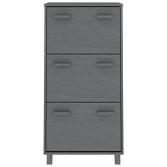 Tall dark gray solid pine shoe cabinet with three drawers and wooden handles, 23.4x13.8x46.1 inches.