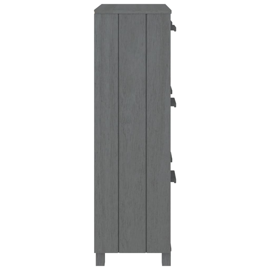 Side view of a tall dark gray solid pine shoe cabinet with three flip drawers and wooden handles.