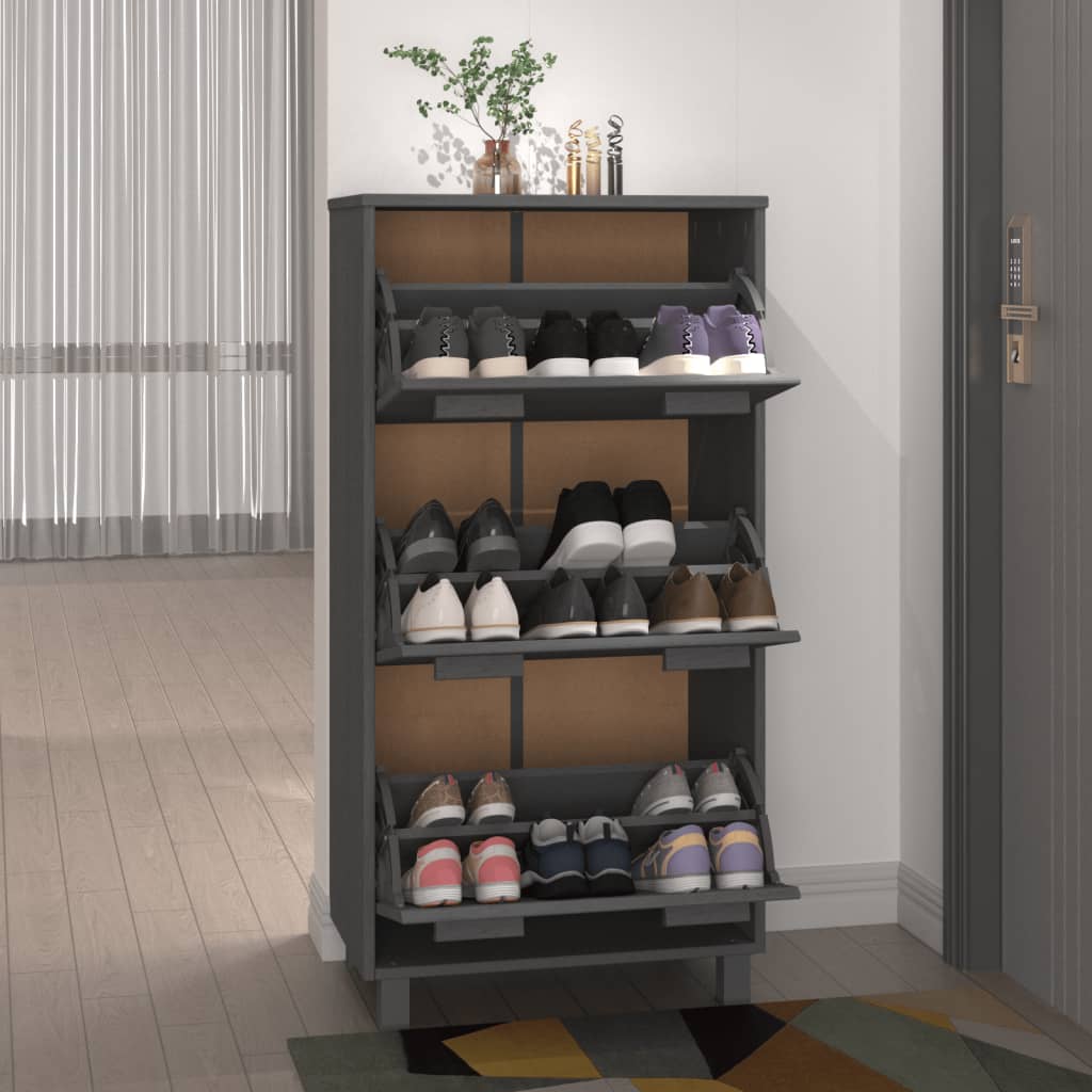 Hamar dark gray solid pine shoe cabinet with three flip drawers for shoe storage.