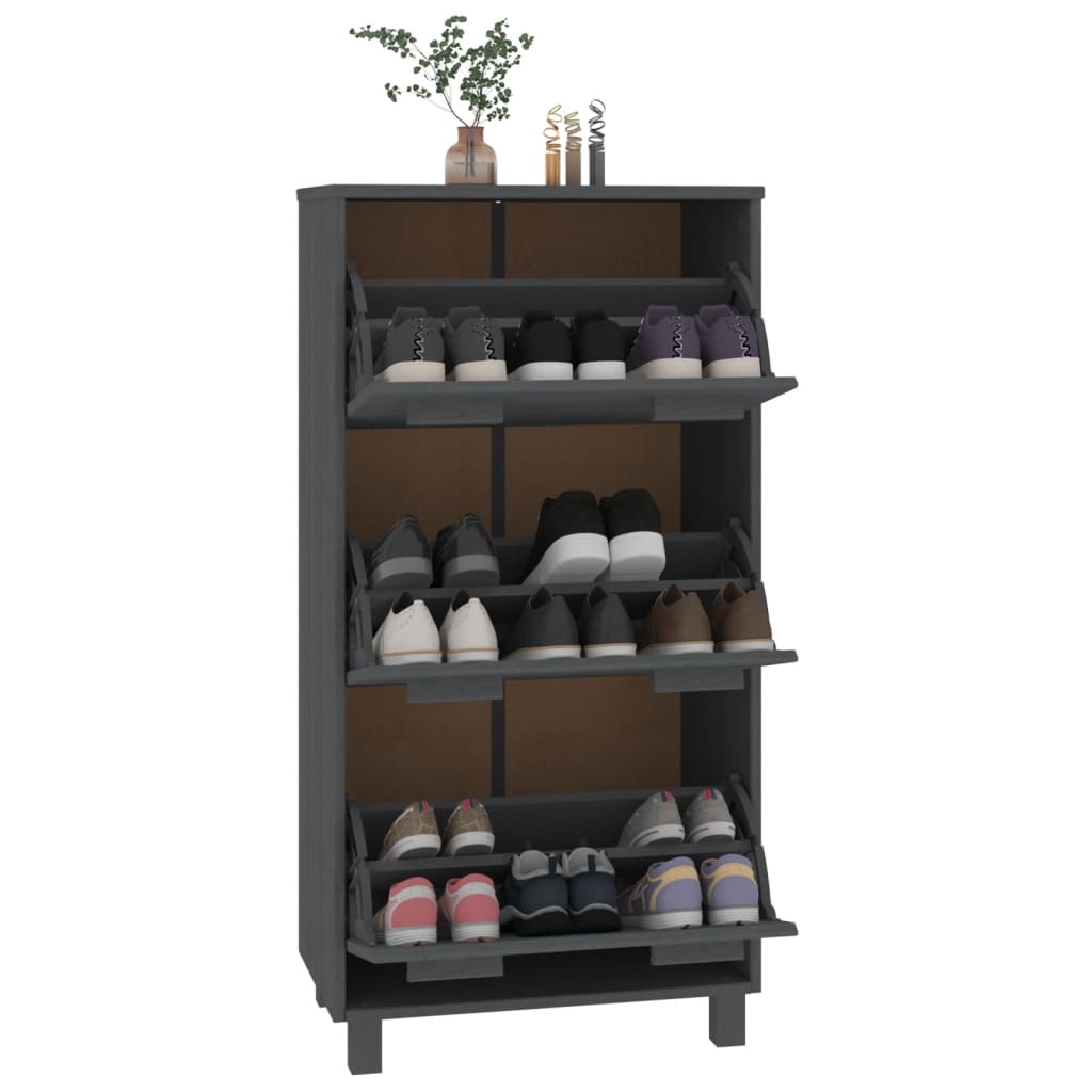 Dark gray solid pine shoe cabinet with three flip drawers for storing shoes.