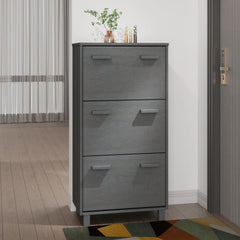 Tall dark gray solid pine shoe cabinet with three drawers, standing 46 inches high in an entryway.