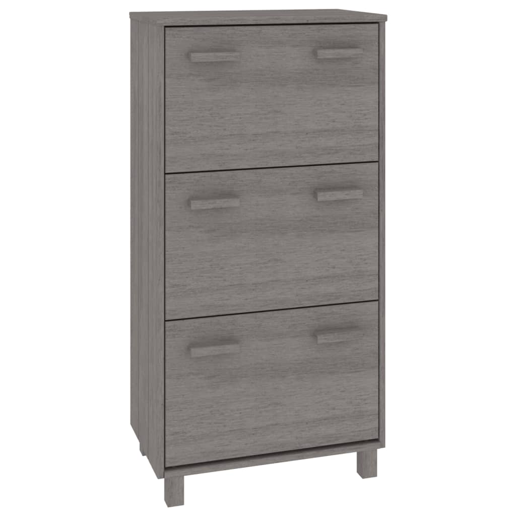 Light gray solid pine shoe cabinet with three flip drawers and wooden handles.