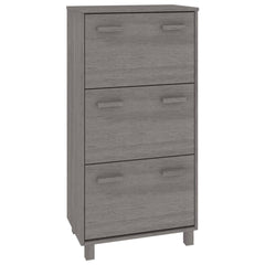 Light gray solid pine shoe cabinet with three flip drawers and wooden handles.