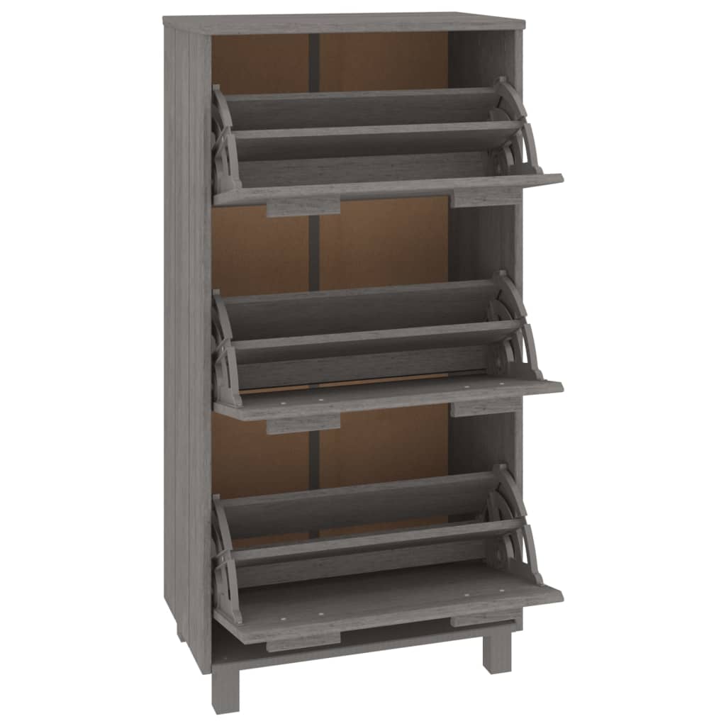 Light gray pine wood shoe cabinet with three flip drawers and wooden handles.