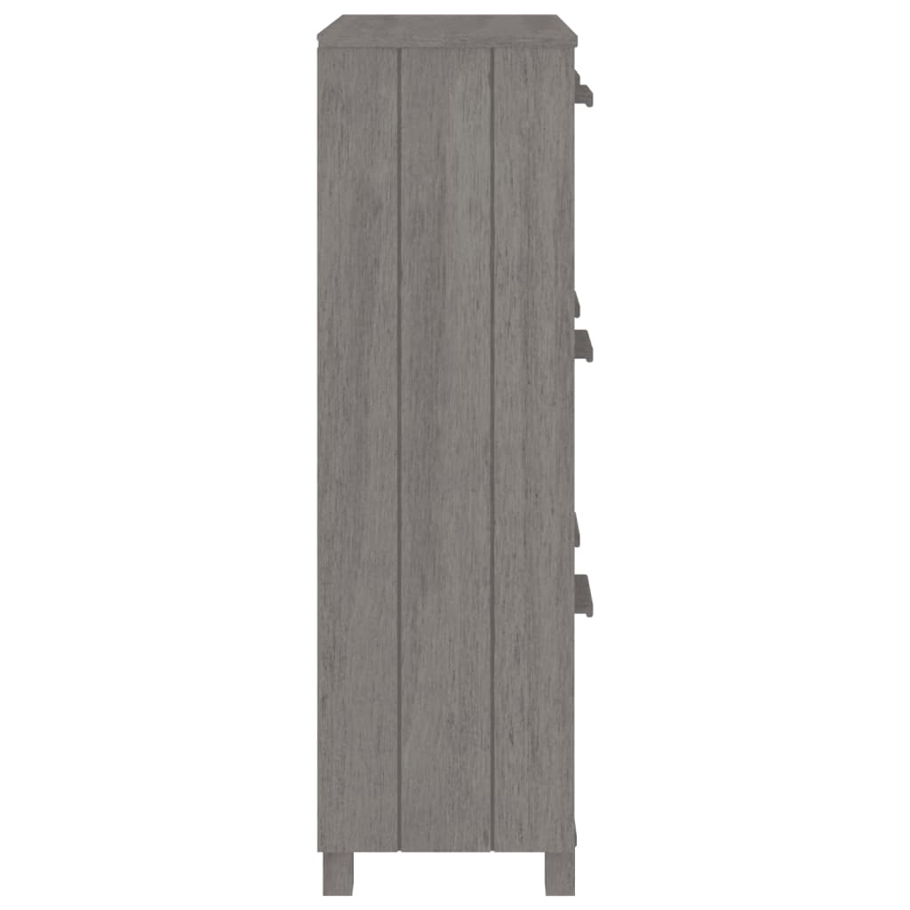 Light gray solid pine wood shoe cabinet with three flip drawers, side view.