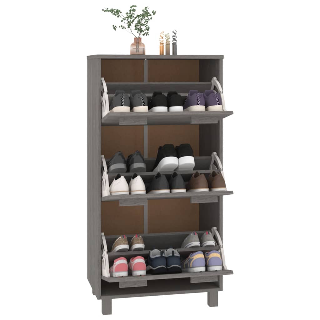 Light gray pine wood shoe cabinet with three flip drawers and wooden handles.