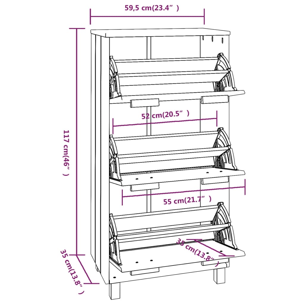 Light gray solid pine shoe cabinet with three flip drawers and dimensions shown.