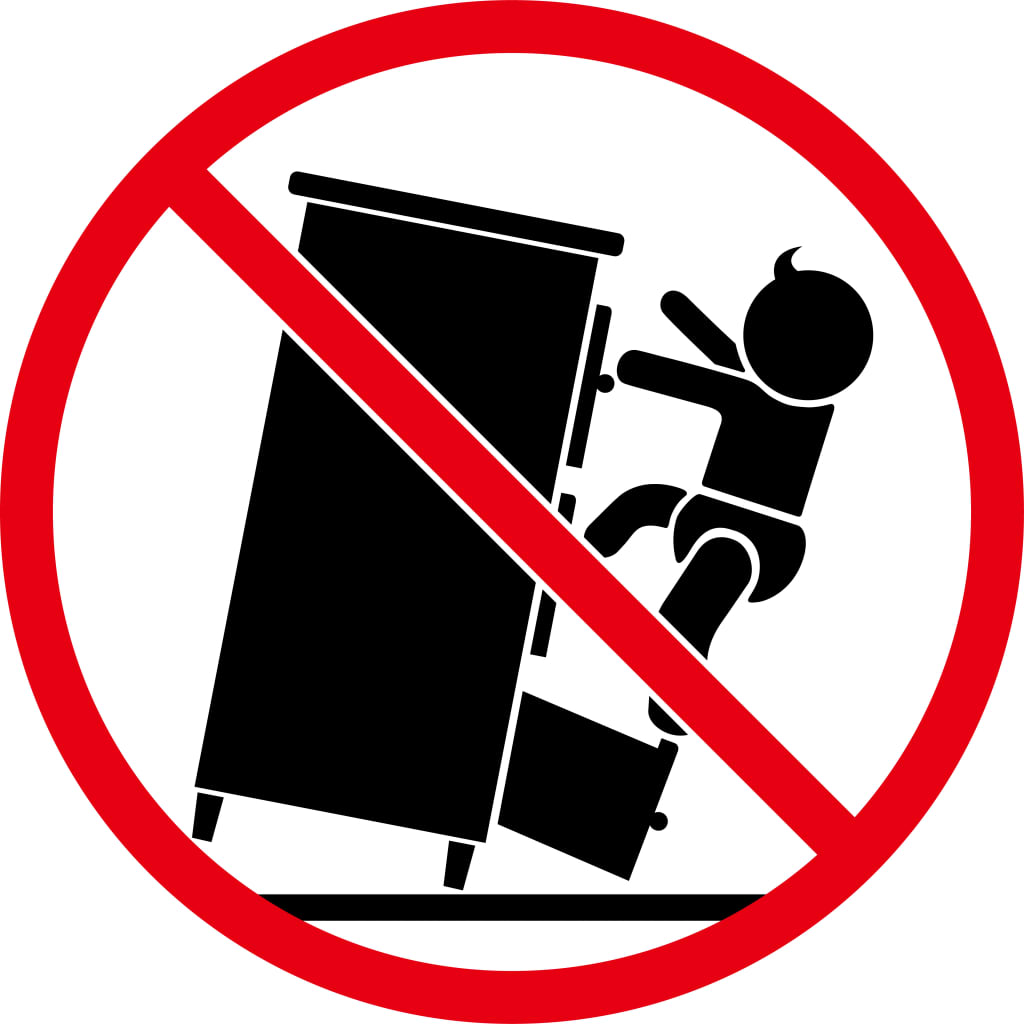 Red circle warning sign showing a child tipping over a tall cabinet with open drawers.