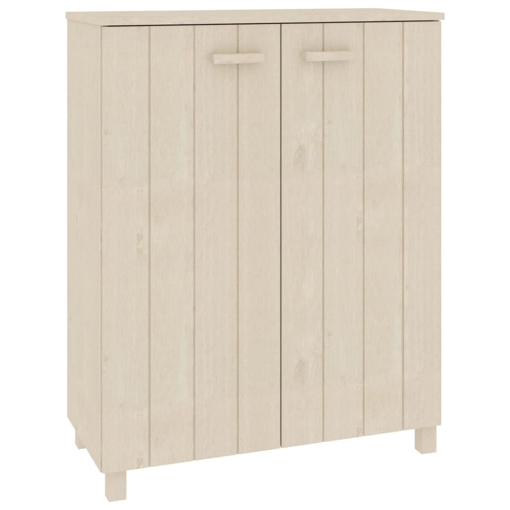 Solid pine wood shoe cabinet in honey brown with three shelves and wooden handles.
