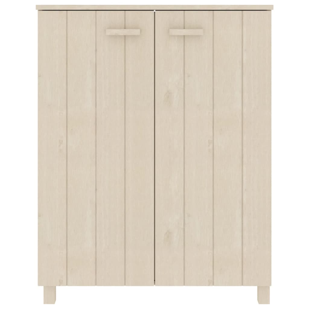 Honey brown shoe cabinet made of solid pine with three shelves and wooden handles.