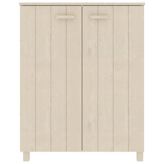 Honey brown shoe cabinet made of solid pine with three shelves and wooden handles.