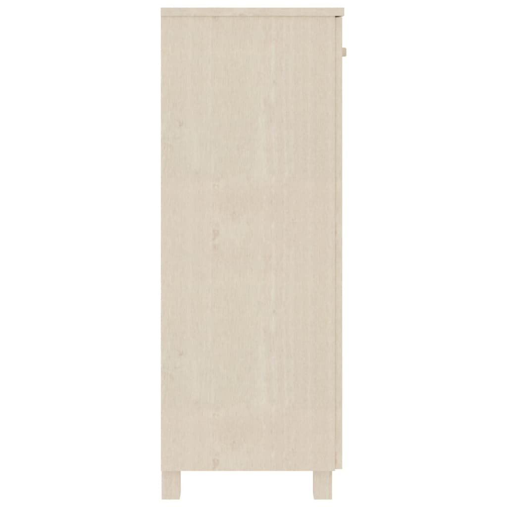Bostome Hamar solid pine wood shoe cabinet in honey brown with three shelves and wooden handles.