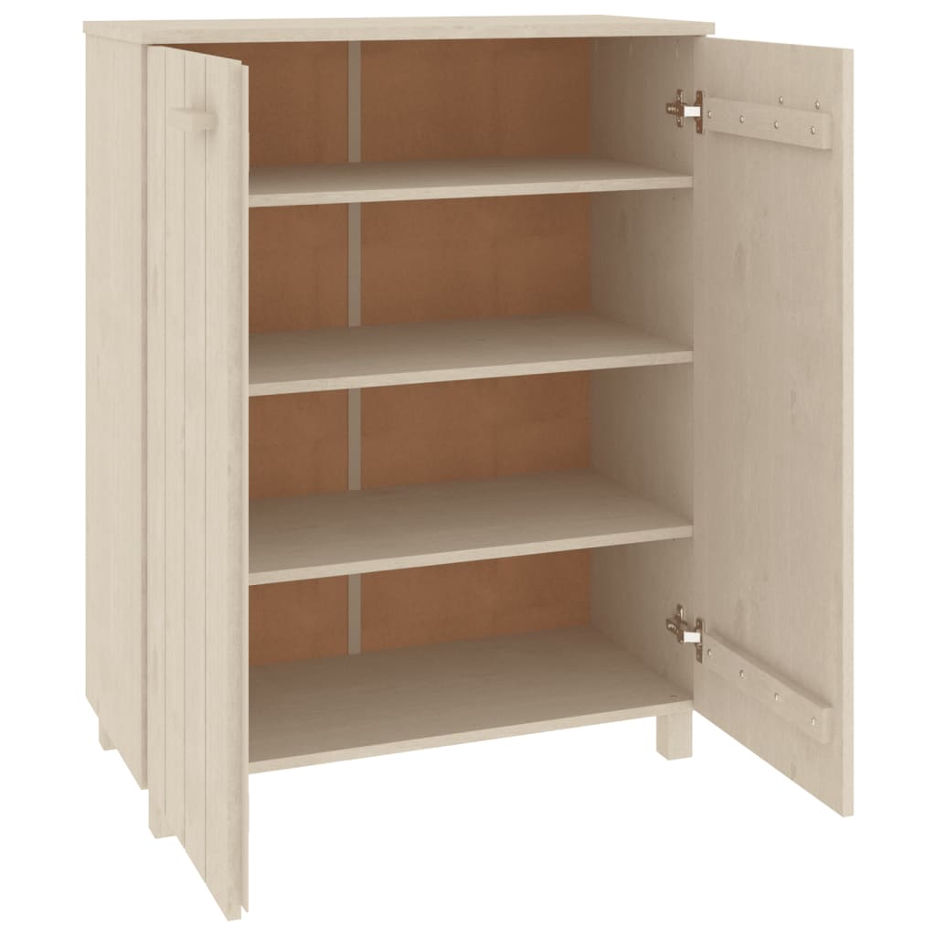 Honey brown solid pine wood shoe cabinet with three shelves and wooden handles.