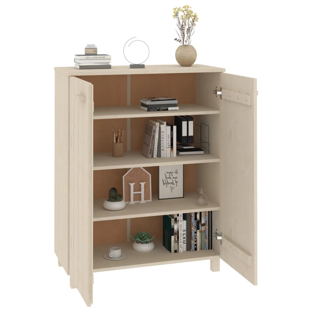 Bostome Hamar solid pine wood shoe cabinet in honey brown with three shelves and wooden handles.