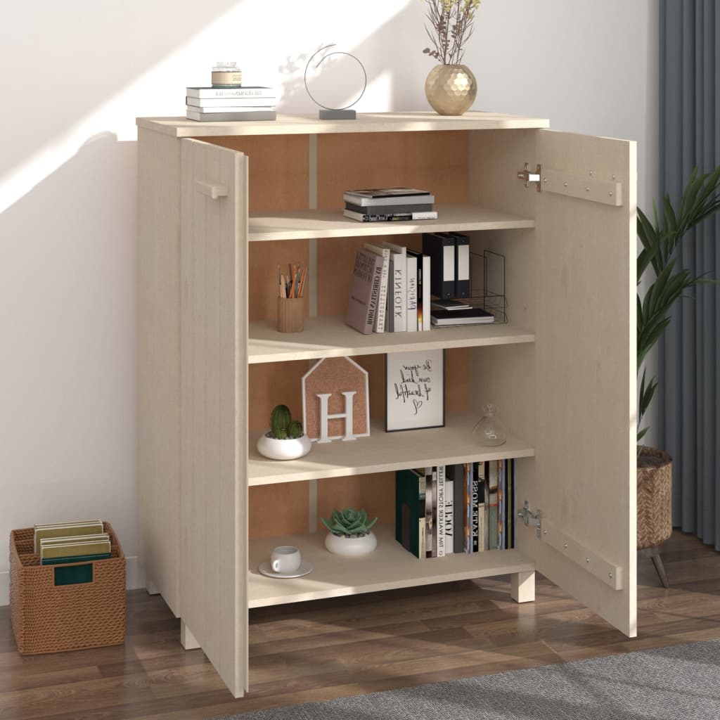 Honey brown solid pine wood shoe cabinet with three shelves and wooden handles.