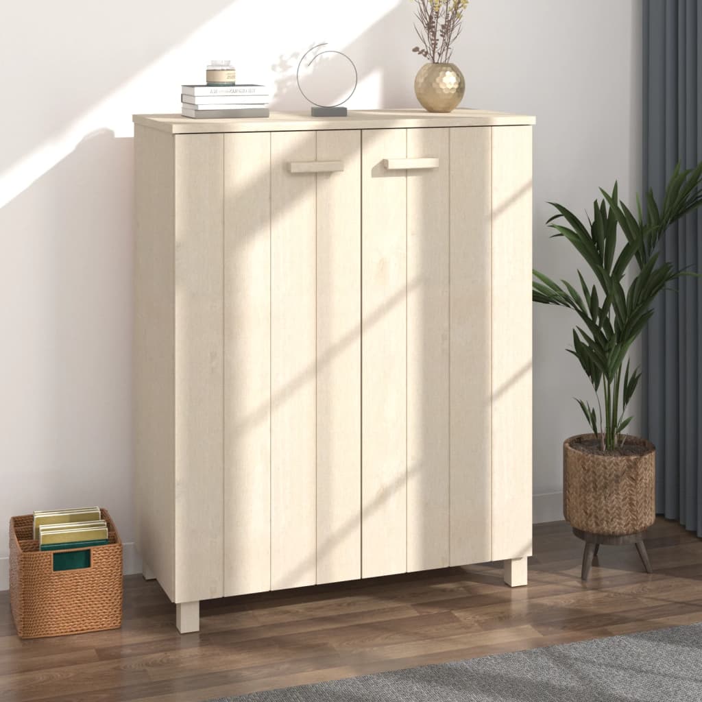 Bostome Hamar solid pine wood shoe cabinet in honey brown with three shelves and wooden handles.