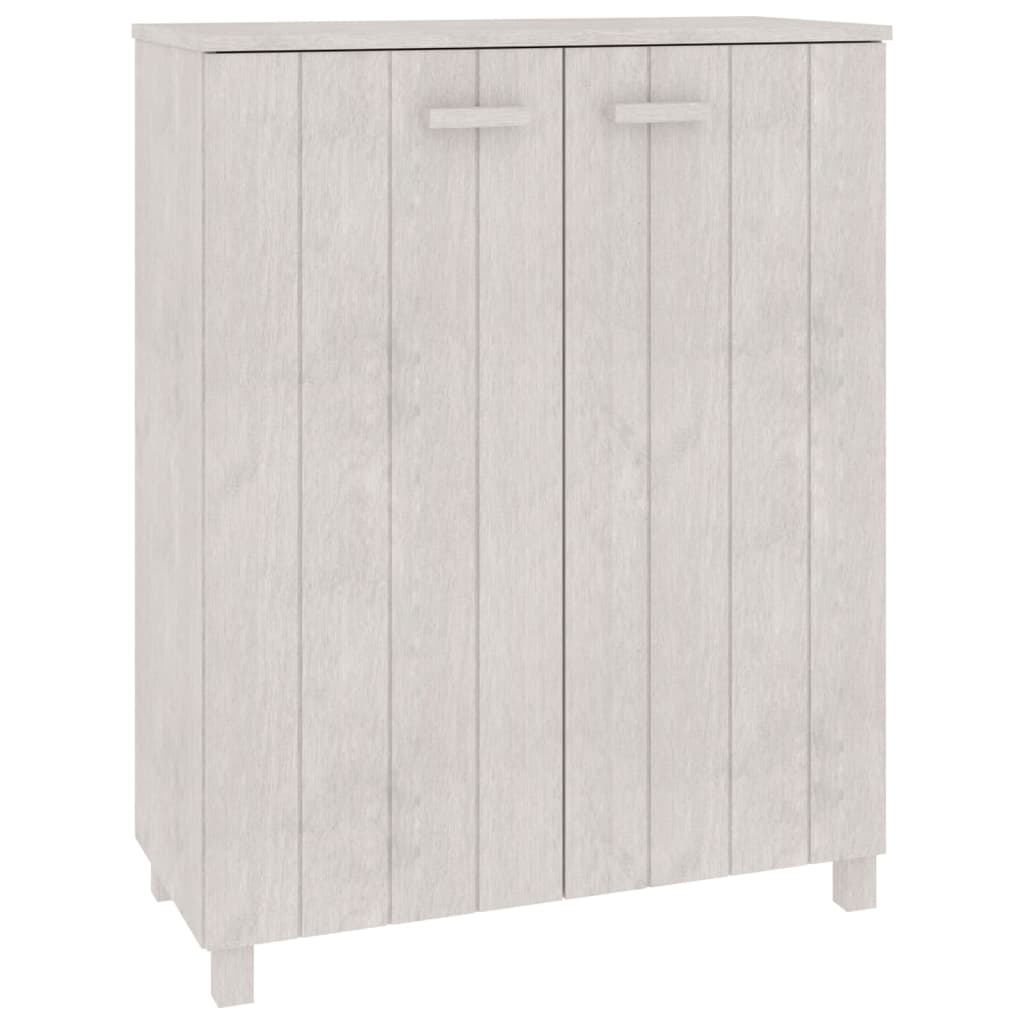 White solid pine shoe cabinet with slatted doors, 33.5x15.7x42.5 inches.