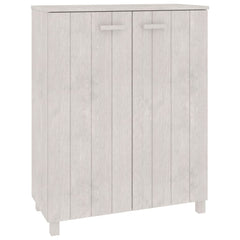 White solid pine shoe cabinet with slatted doors, 33.5x15.7x42.5 inches.