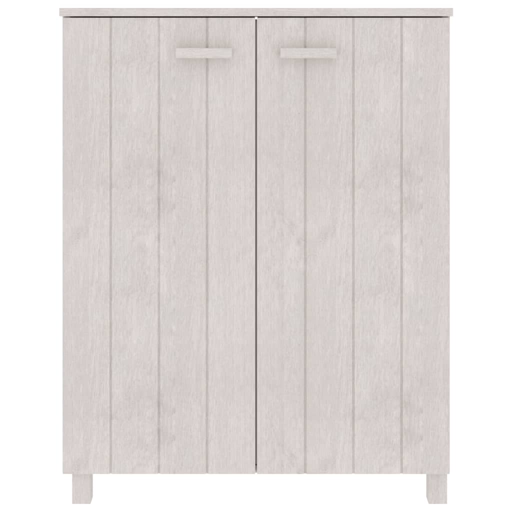 White solid pine shoe cabinet with two doors and wooden handles, measuring 33.5x15.7x42.5 inches.