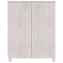White solid pine shoe cabinet with two doors and wooden handles, measuring 33.5x15.7x42.5 inches.