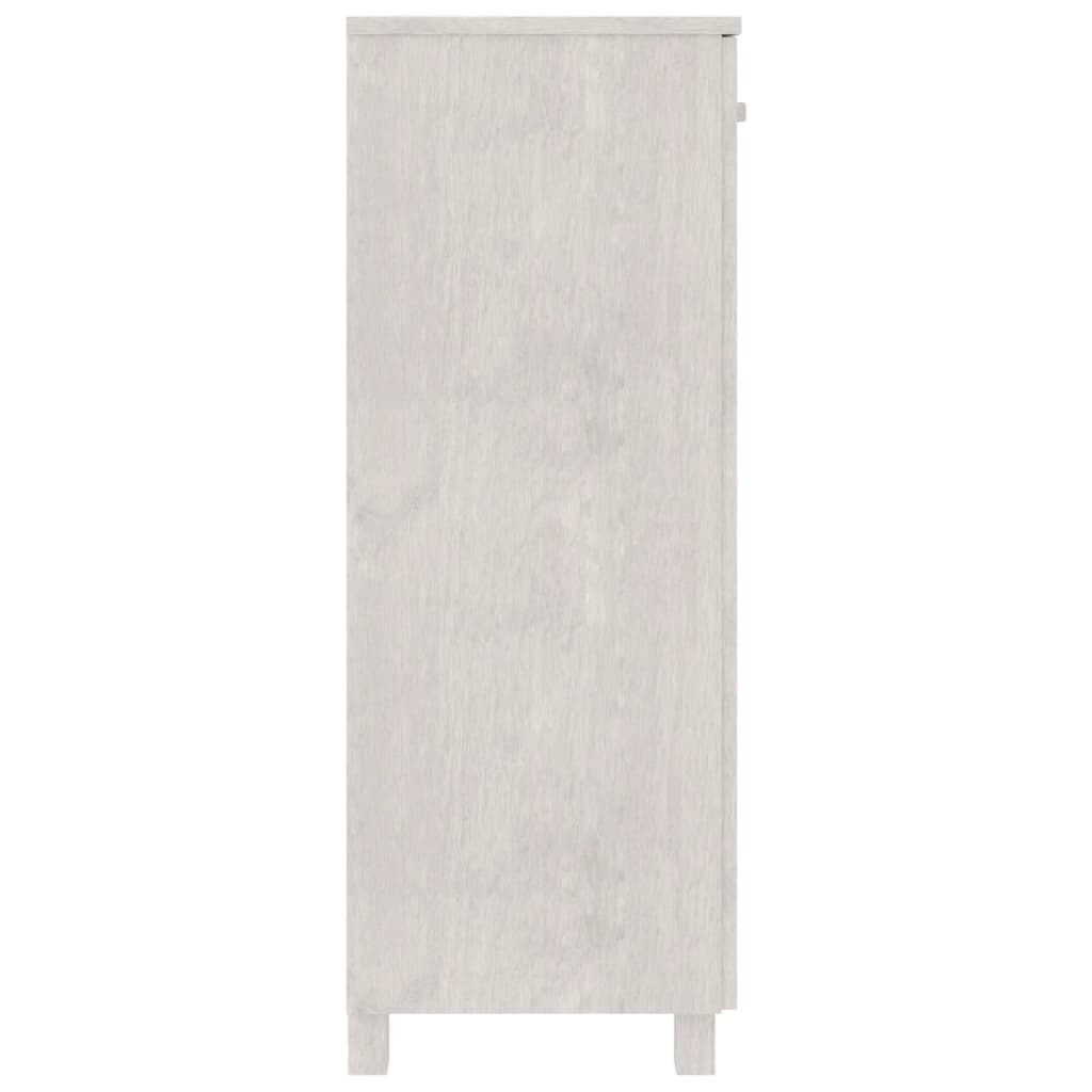White solid pine shoe cabinet with doors, 33.5x15.7x42.5 inches.