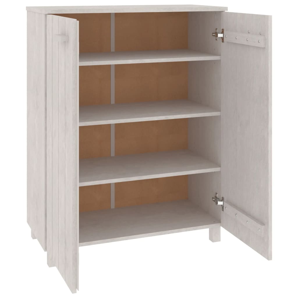 White solid pine shoe cabinet with open doors revealing three shelves, measuring 33.5x15.7x42.5 inches.