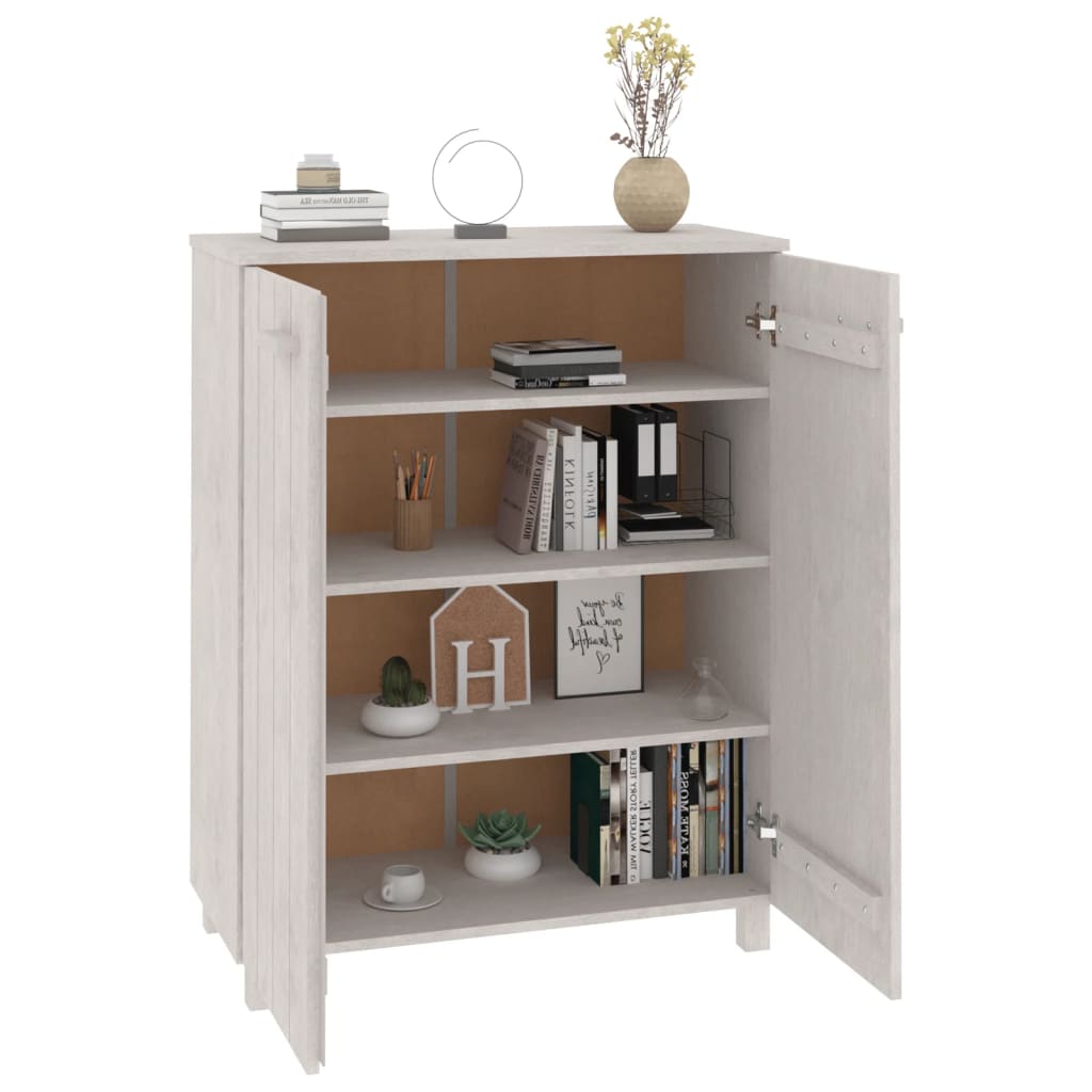 White solid pine shoe cabinet with three shelves and two doors open showing books and decor.