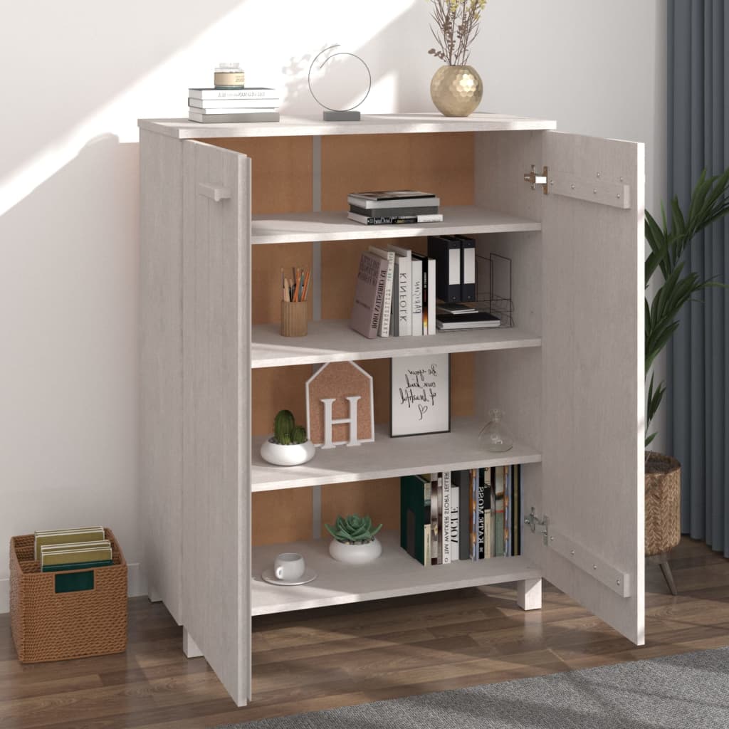 White solid pine shoe cabinet with open doors revealing three shelves for shoes.