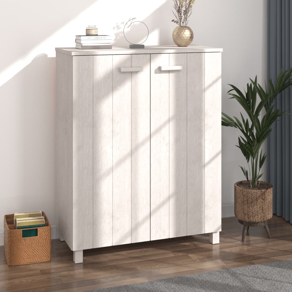 White solid pine shoe cabinet with two doors, three shelves, and wooden handles.