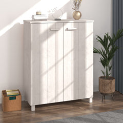 White solid pine shoe cabinet with two doors, three shelves, and wooden handles.