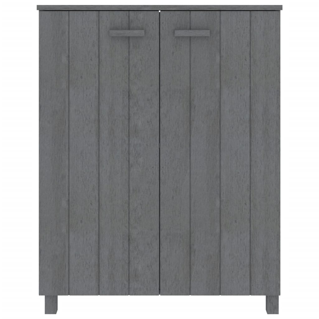 Dark gray solid pine wood shoe cabinet with three shelves and concealed doors.