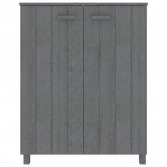 Dark gray solid pine wood shoe cabinet with three shelves and concealed doors.