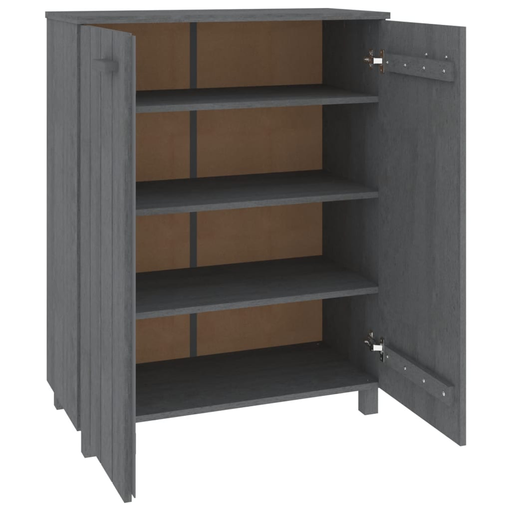 Dark gray solid pine wood shoe cabinet with three shelves and concealed doors.