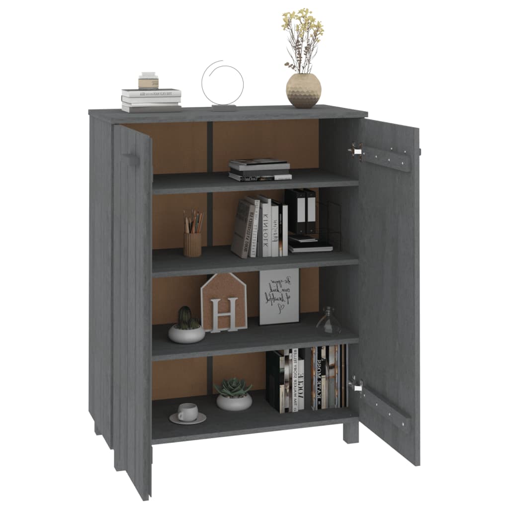 Dark gray solid pine wood shoe cabinet with three shelves and concealed doors.