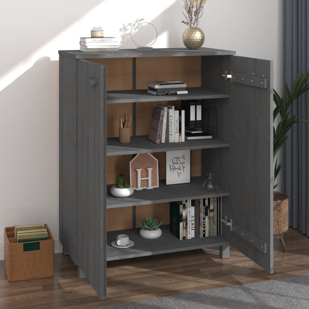 Dark gray solid pine wood shoe cabinet with three shelves and concealed doors.